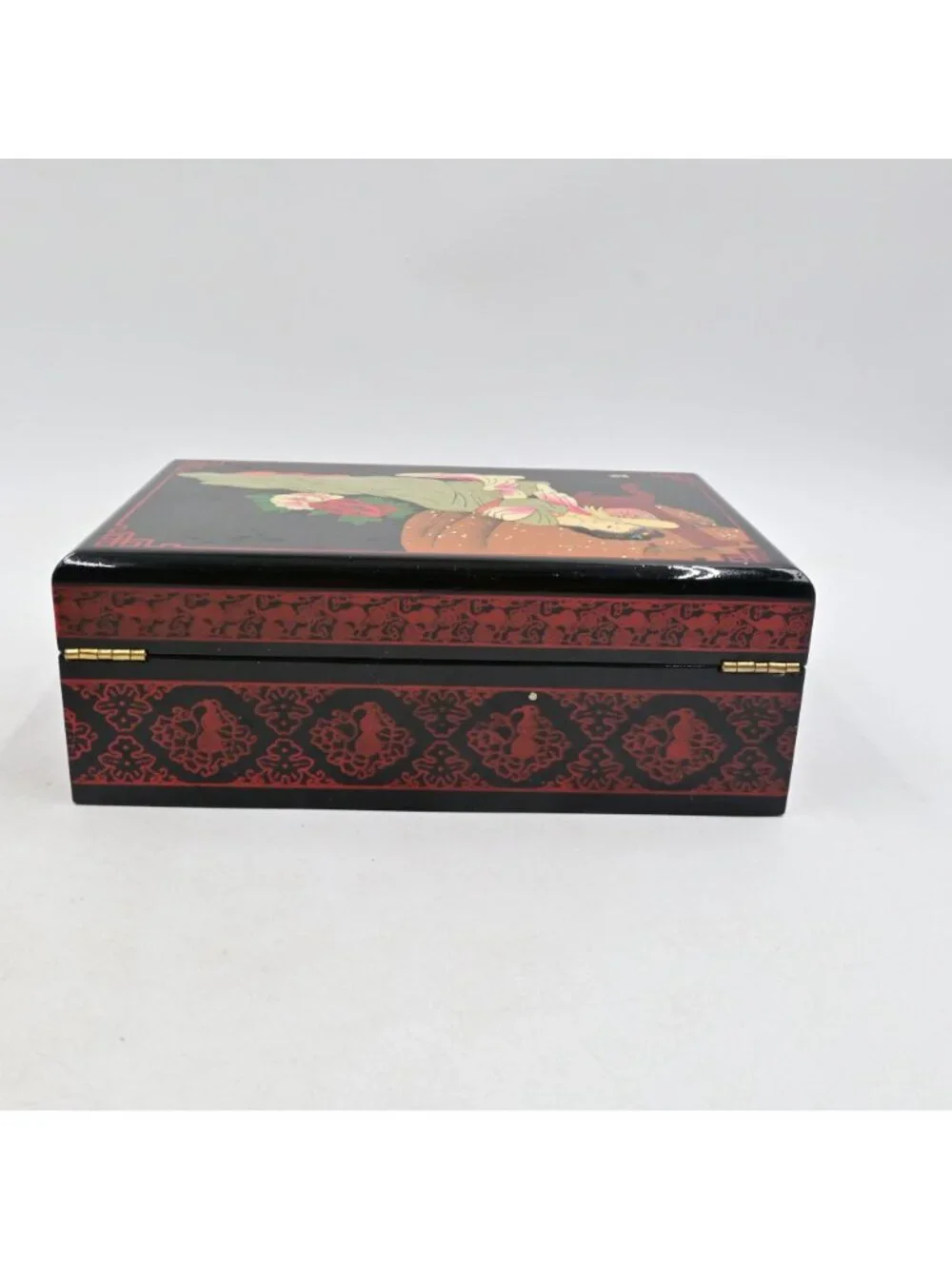 Chinese Black Lacquer Jewelry Box Vintage Hand Painted Reclining Lady Mirror